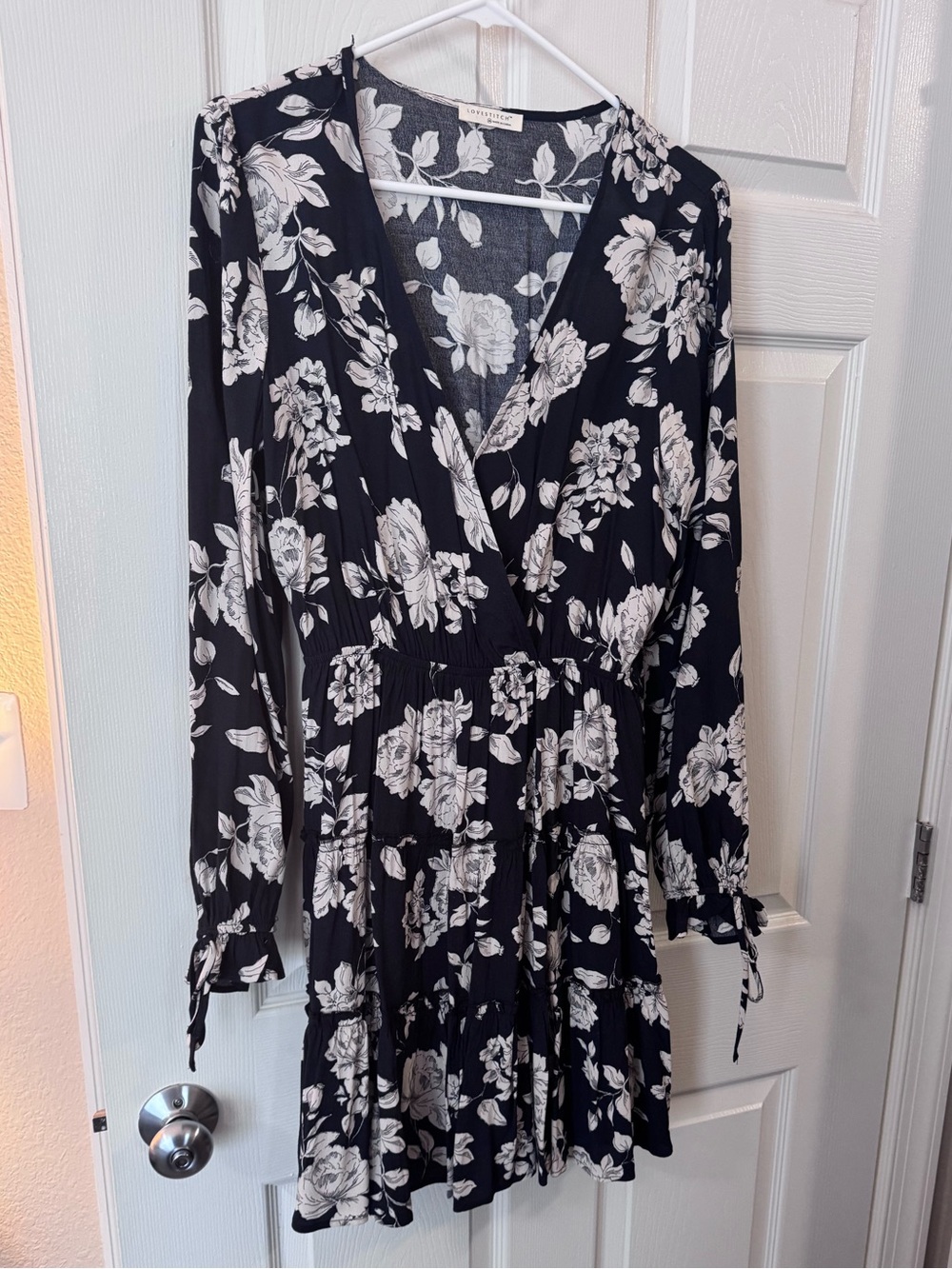 Love Stitch Black & White Floral Wrap Long Sleeve Dress